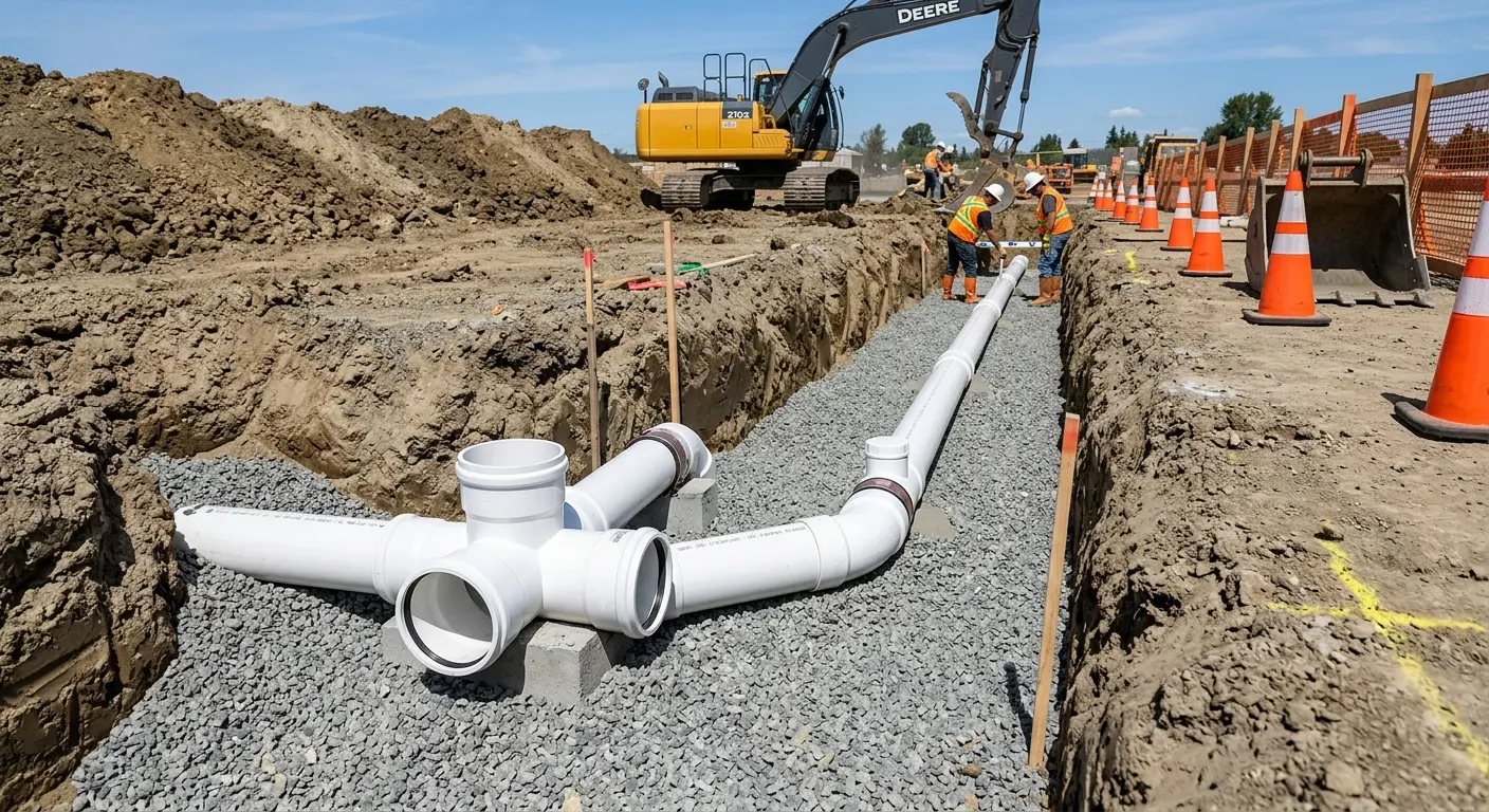 New PVC sewer pipe installation in open trench for Sewer Backup in Archbald