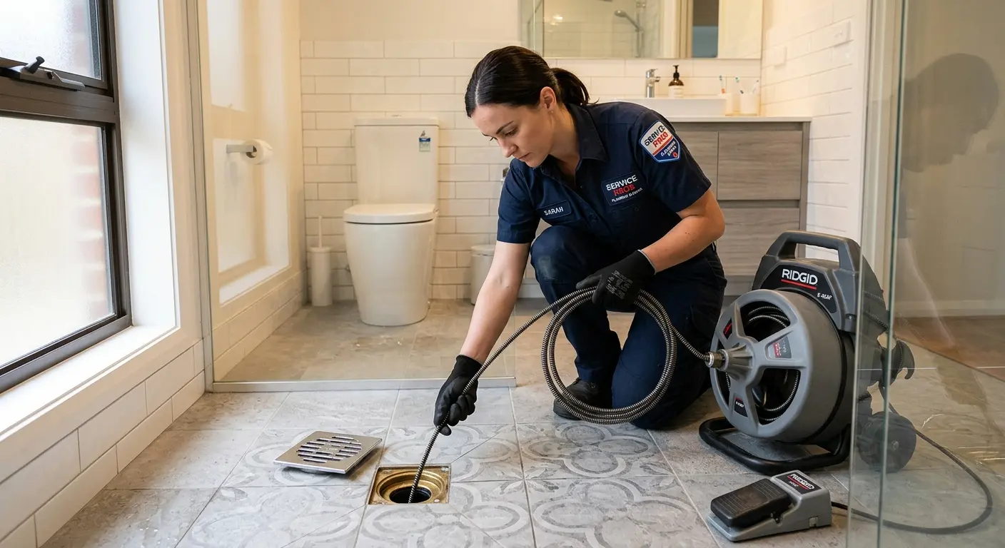 Technician clearing a bathroom floor drain for Drain Cleaning in Archbald